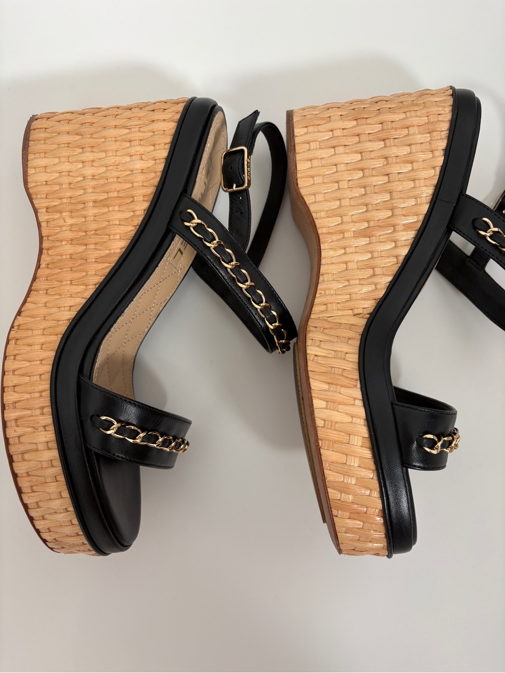 CHANEL Black 20C Leather CC Chain Wicker Wedge Sandal EU 38 / US 8 - Picture 2 of 7